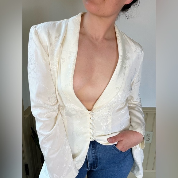 Vintage Ivory Brocade Blazer M/L Coquette Bridal Cottagecore Puff Sleeve ILGWU - Picture 8 of 16